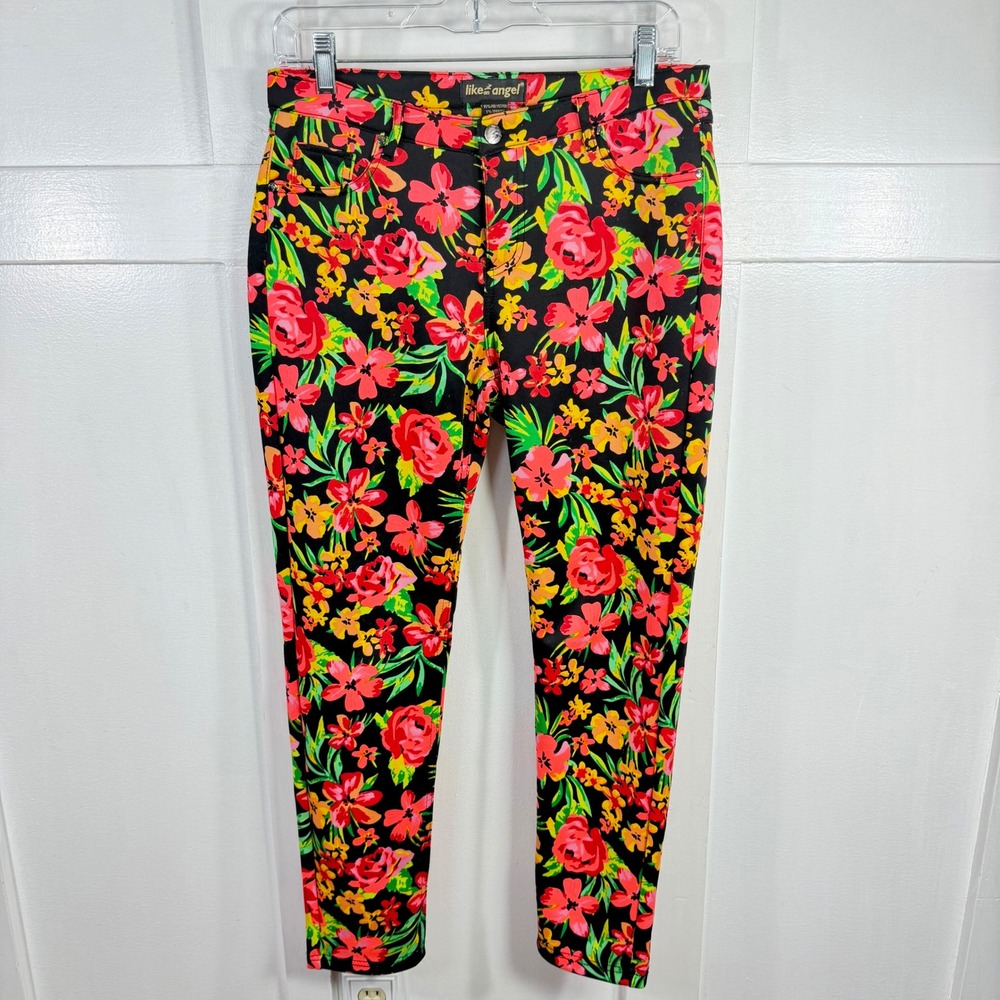 Like An Angel Floral Skinny Pants Womens Large Black Red Orange Yellow Tropical